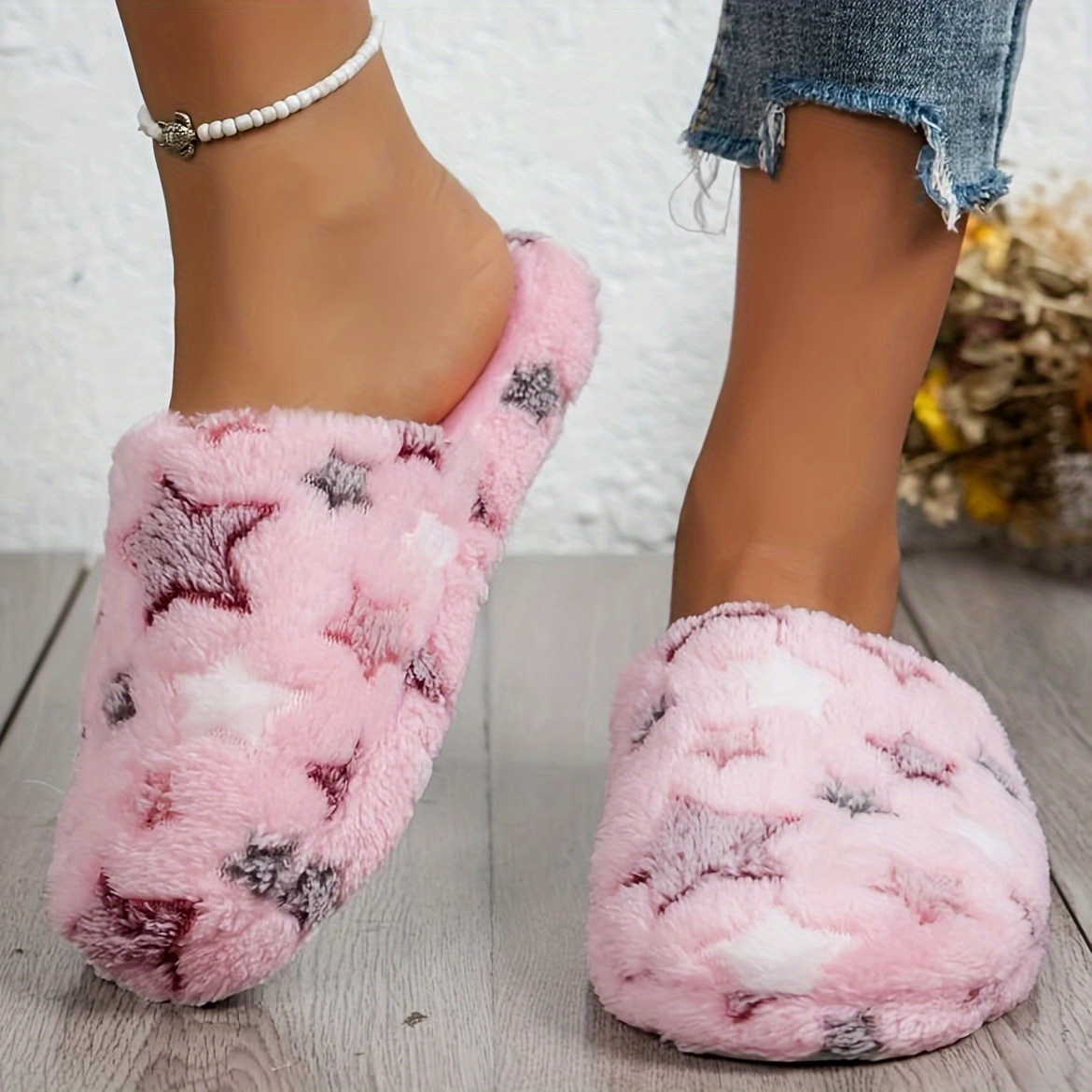 Plush Five-pointed Star Pink Indoor Slippers, Women Shoes