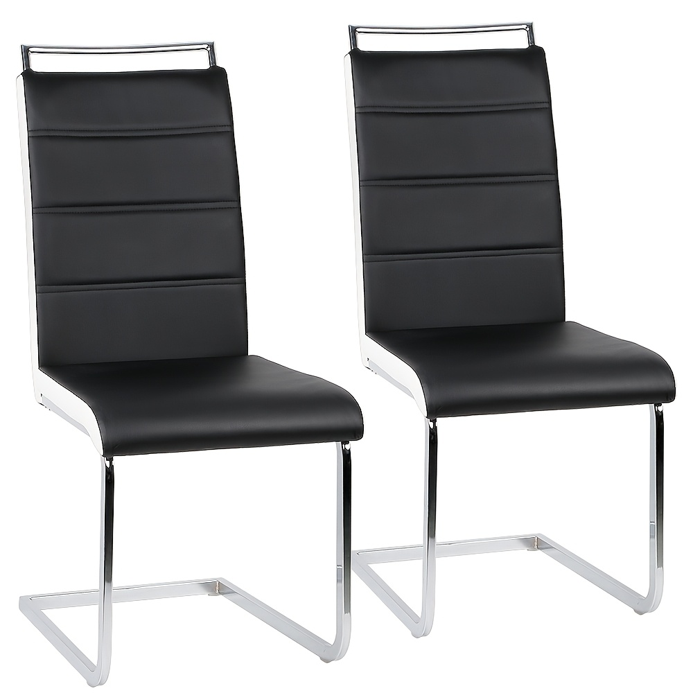 Set Of 2 Black Faux Leather High Back Dining Chairs | Commercial-grade With Chrome Legs, Easy- & Reinforced Frame For Kitchen/office/cafe