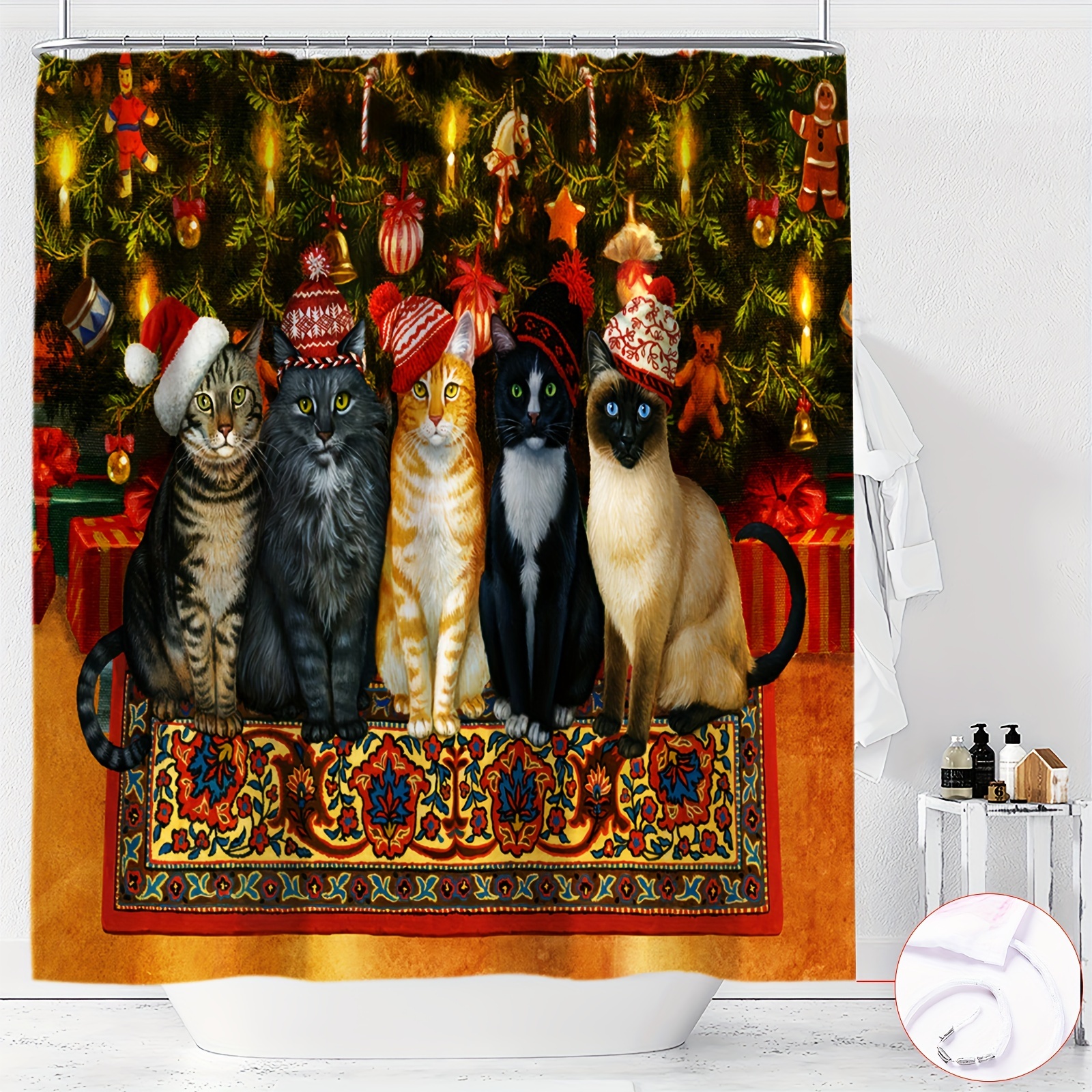 

Christmas Tree & Cat Pattern Shower Curtain - Waterproof Polyester, Machine Washable With Hooks Included - All Bathroom Decor Shower Curtain Sets For Bathrooms