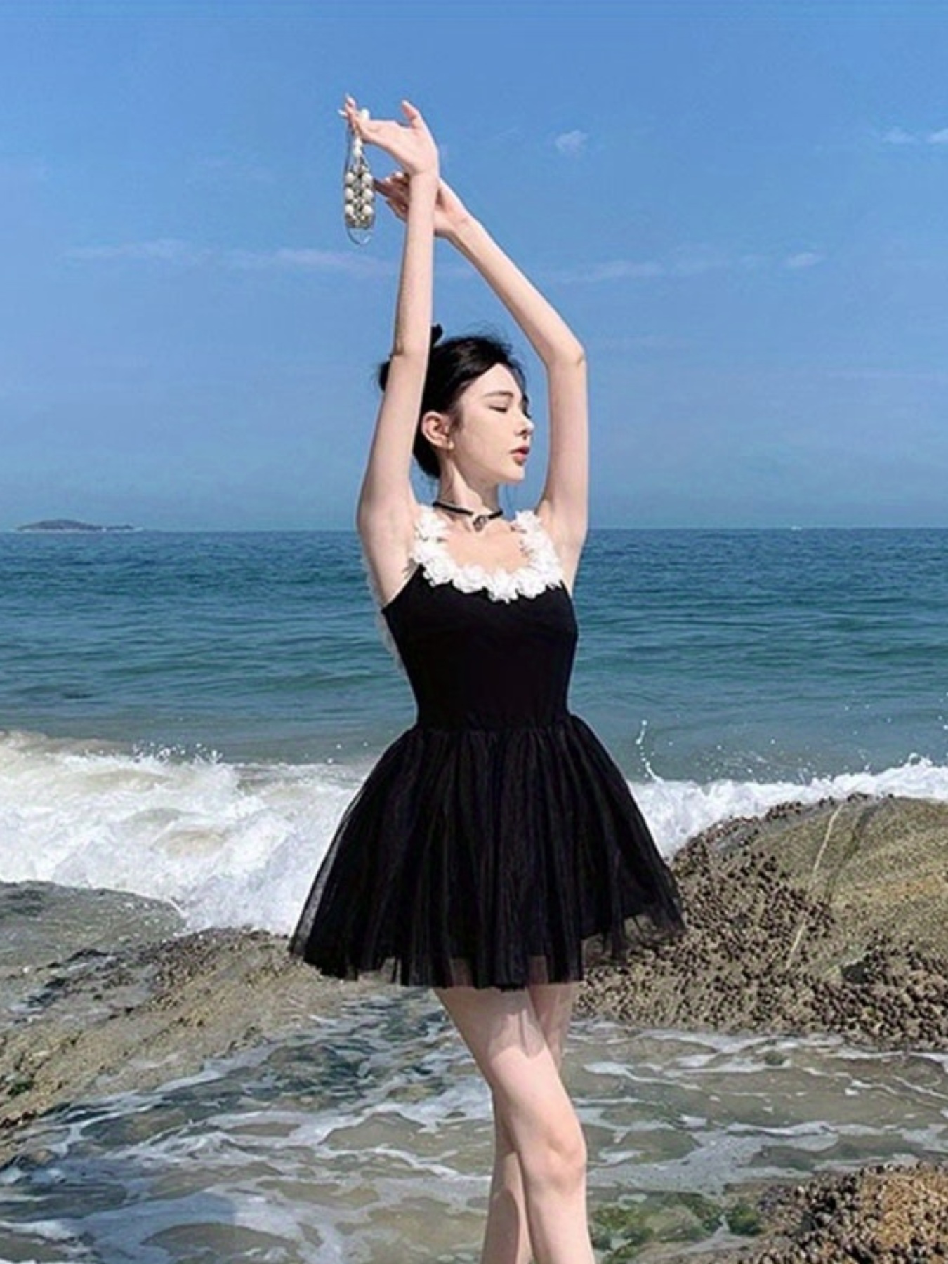 chic womens black tutu dress tie bow 3d floral shoulder - Temu
