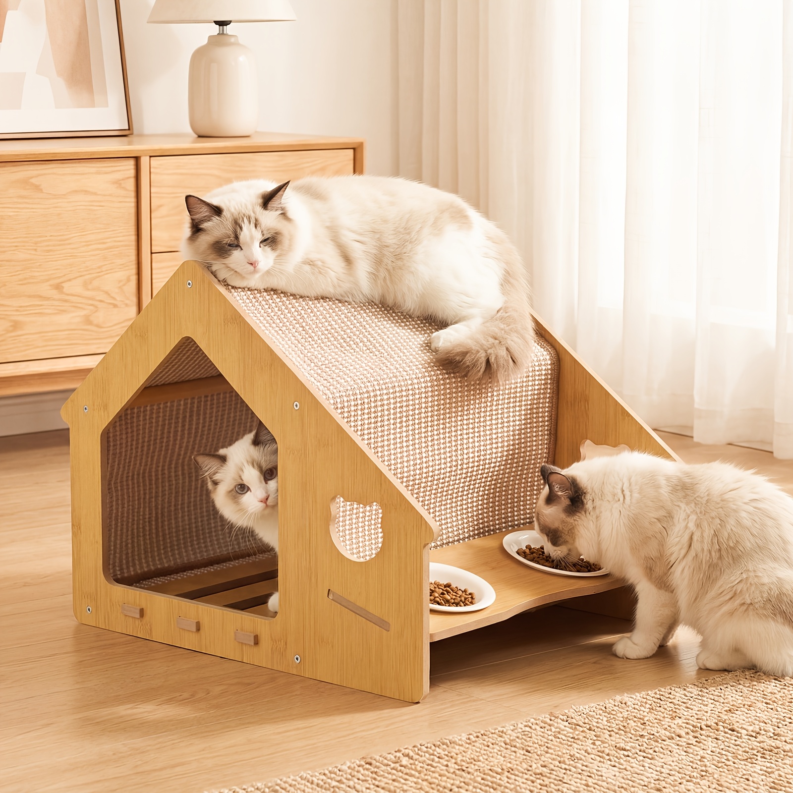 Cat House Villa, Integrated Design With Food Bowl, Sturdy Load-bearing, Bowl, No Floor Space Occupied, -one Eating And Resting For Cats, Natural Wood Easy Style