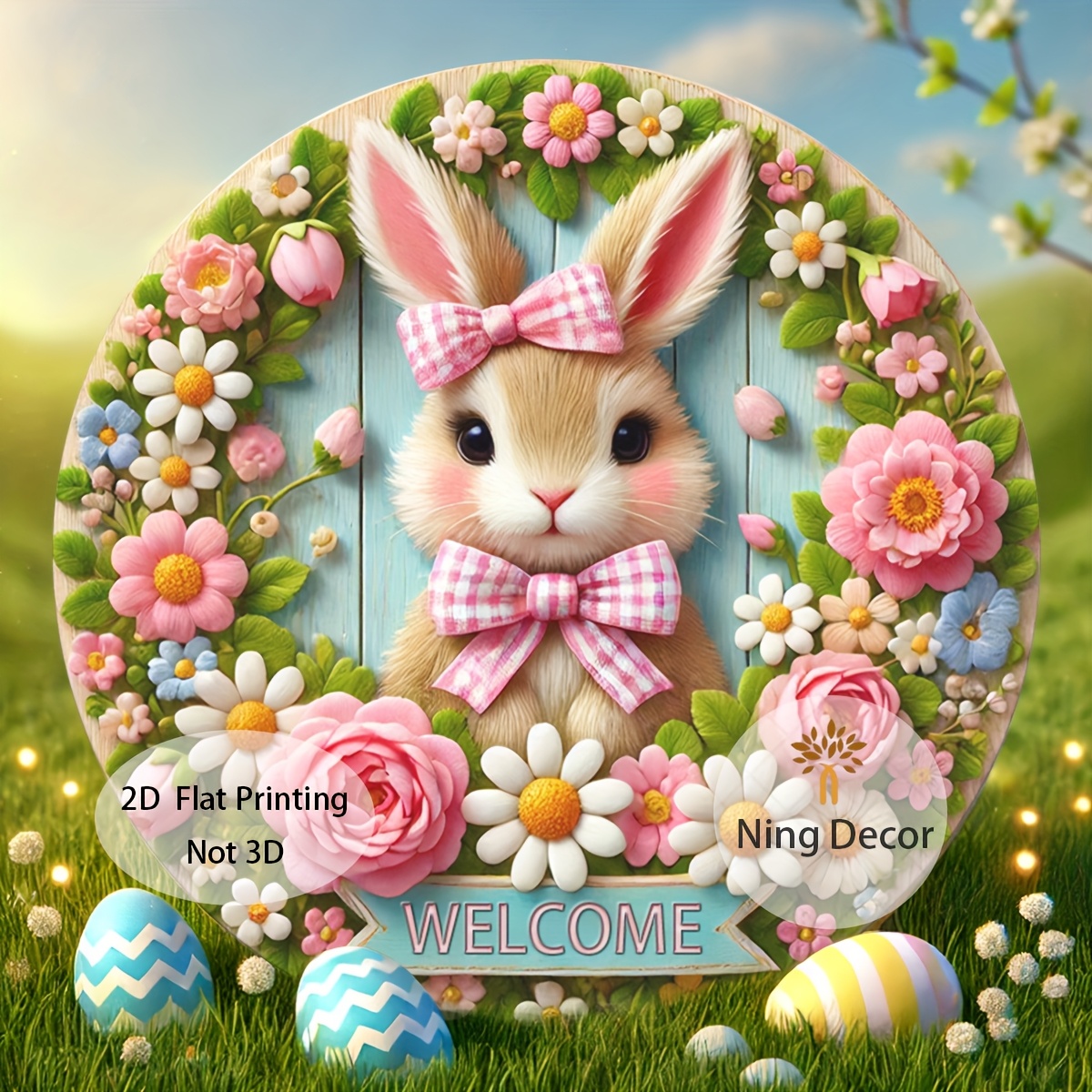 

1pc Easter Bunny Wooden Welcome Sign - 7.87"x7.87" Spring Wreath With & Floral Accents, Ideal For Front Door, Garden, Porch Decor | Housewarming Gift, Bunny Accessories