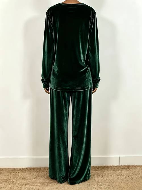 velvet round neck long sleeve top and wide leg pants two piece set for women loose drapey casual suit