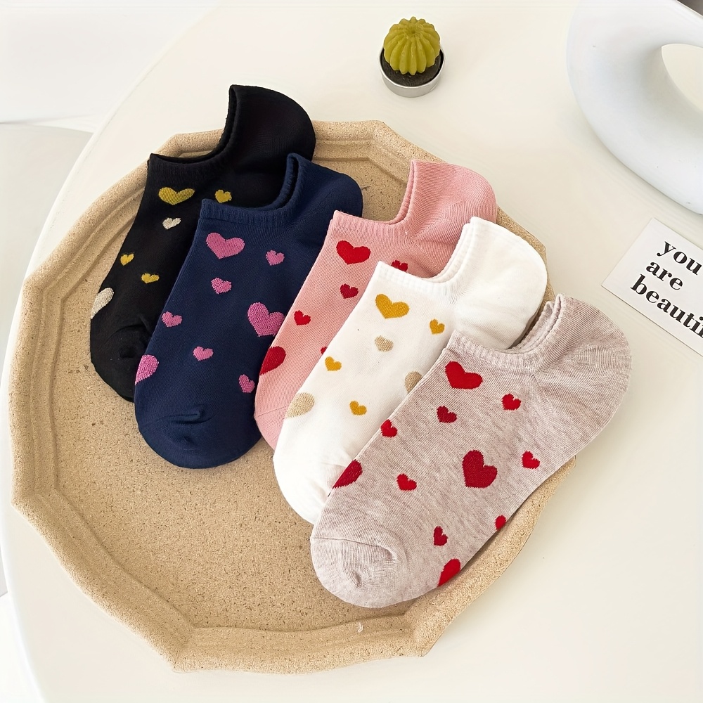 5 Pairs Of Mixed Color Heart Socks, Spring/summer Women's Ankle Socks With Cartoon Design And Low Cut High Sock Set