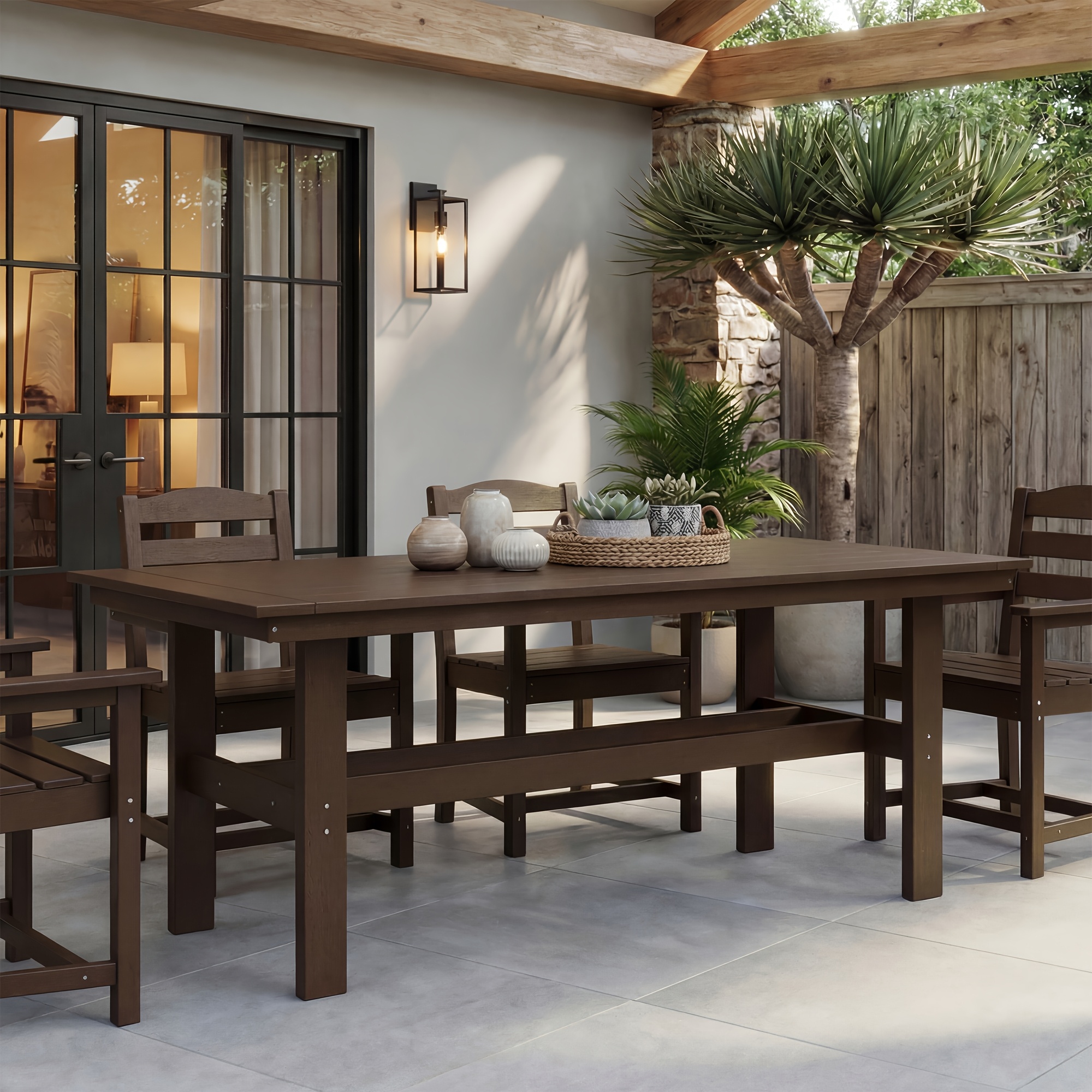 Modern Outdoor Dining Table for 6-Person Rectangle Indoor Outdoor Table with Umbrella Hole & Wood-Like Surface, Weather-Resistant Outside Dining Table for Patio Lawn Garden Backyard, 32.7