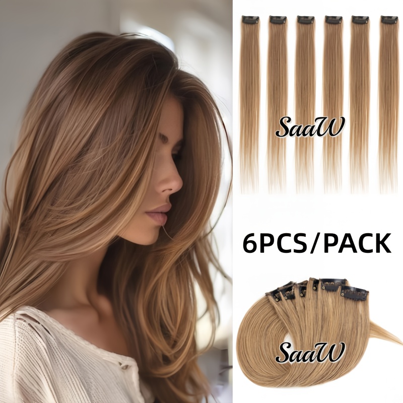 TEMU Extensions de Cheveux à Clips - Cheveux Humains Naturels Lisses - Naturel, Faciles à Installer, Mèches pour Diverses Occasions et Coiffures - 6