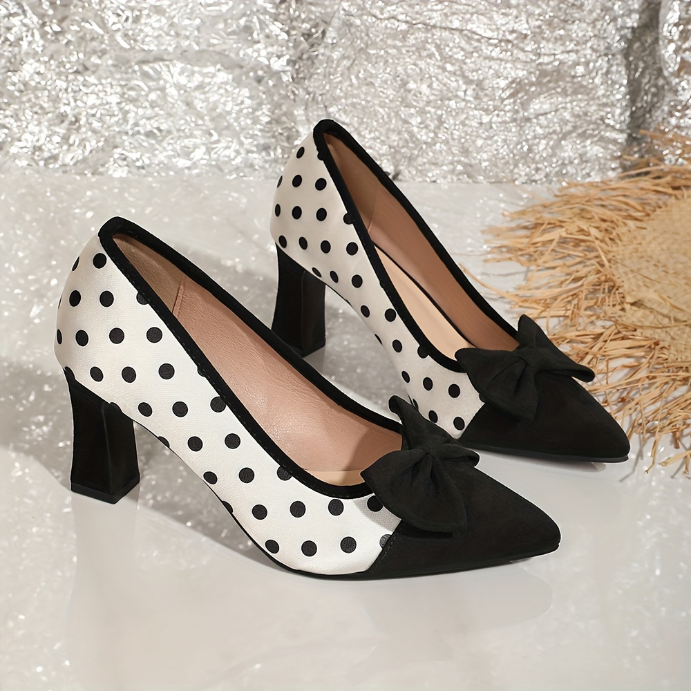 

Women's Polka Pumps, Bowknot Decor Slip On Shallow Mouth Chunky Heels, Point Toe Elegant Dress Shoes