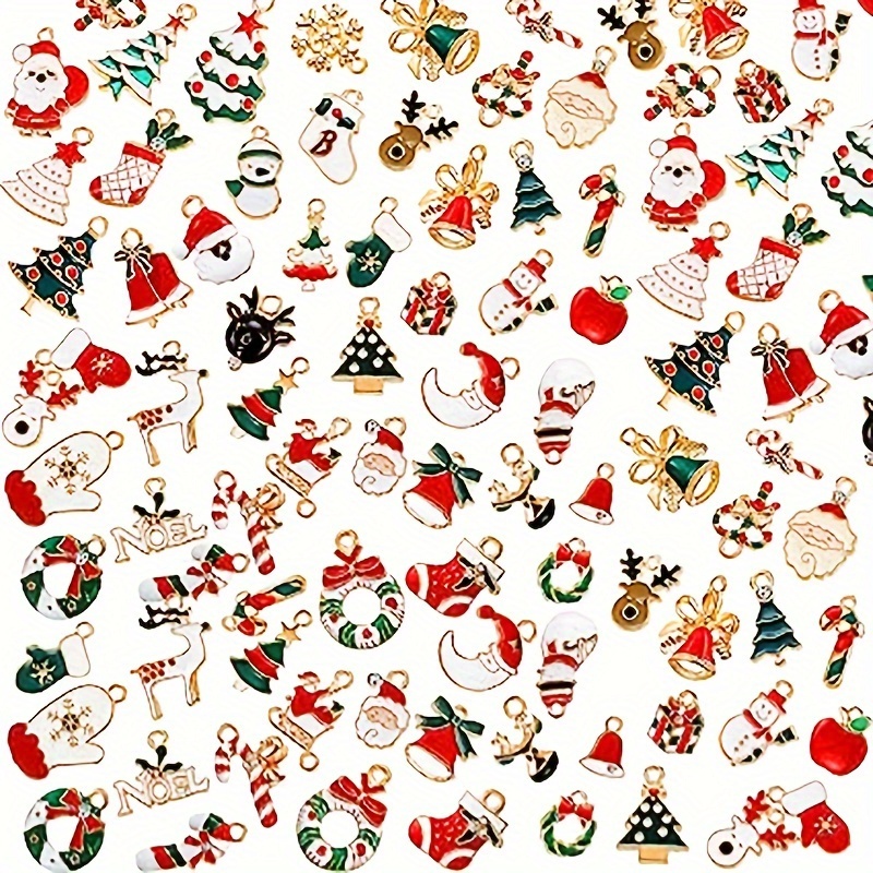 

100-piece Christmas Charm Pendant Set, Zinc Alloy, Santa Claus, Reindeer, Snowman, Tree, Bell Designs For Diy Necklace, Earrings, Holiday Craft Decorations, And Seasonal Gifts