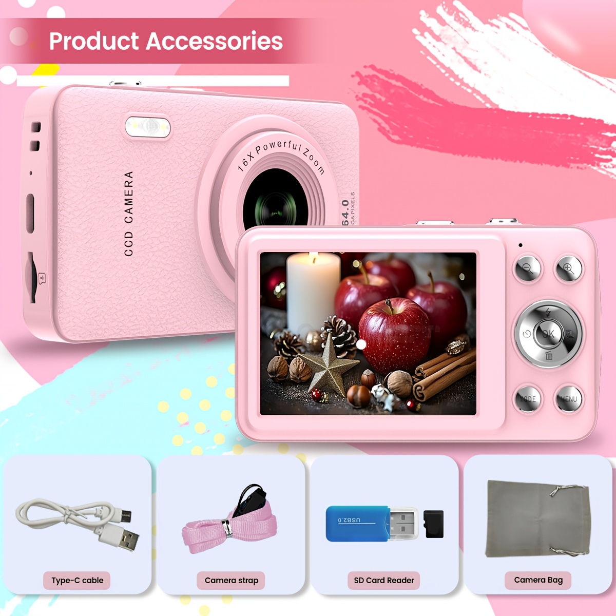 TEMU W&o 2.4-inch Digital Camera - 16x Digital Zoom Compact Small Cheap Cameras, 64mp Auto , Rechargeable Photography Camera, Puzzle Game - 32g Card,