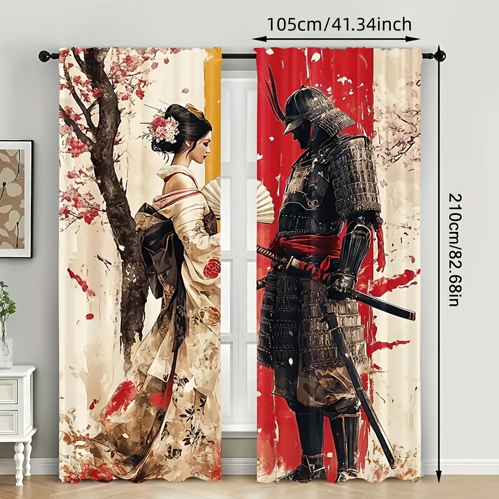 TEMU 2d Flat - 2d Flat - 2d Flat, 2d Printing 2pcs Japanese And Geisha Cherry Curtains - Vintage Style, Semi-transparent Polyester Fabric With Rod