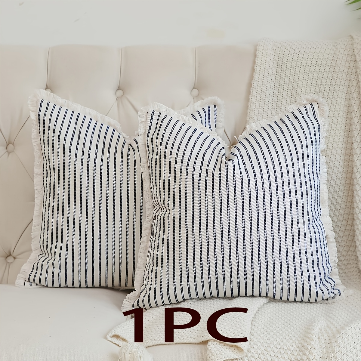 TEMU A Soft And Comfortable Striped Cushion Cover In Black, Blue, And Beige, Featuring Colorful Tassels. Pillow Insert Not Included