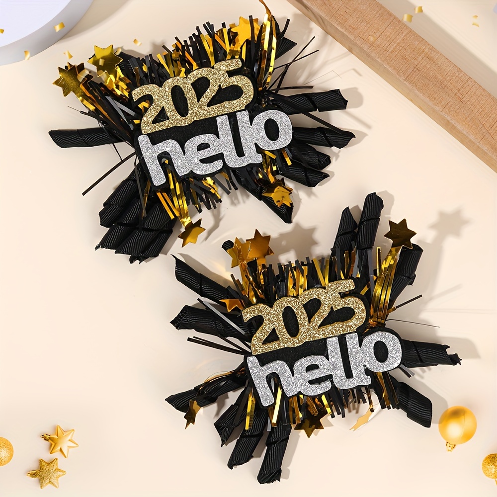 

2pcs Sparkling 2025 Hello Glitter Bow Hair Clips, Cute Alphabet Pattern Hair Pins, Woven Polyester Black Hair Accessories For Teens, Fall/winter Season Celebrations