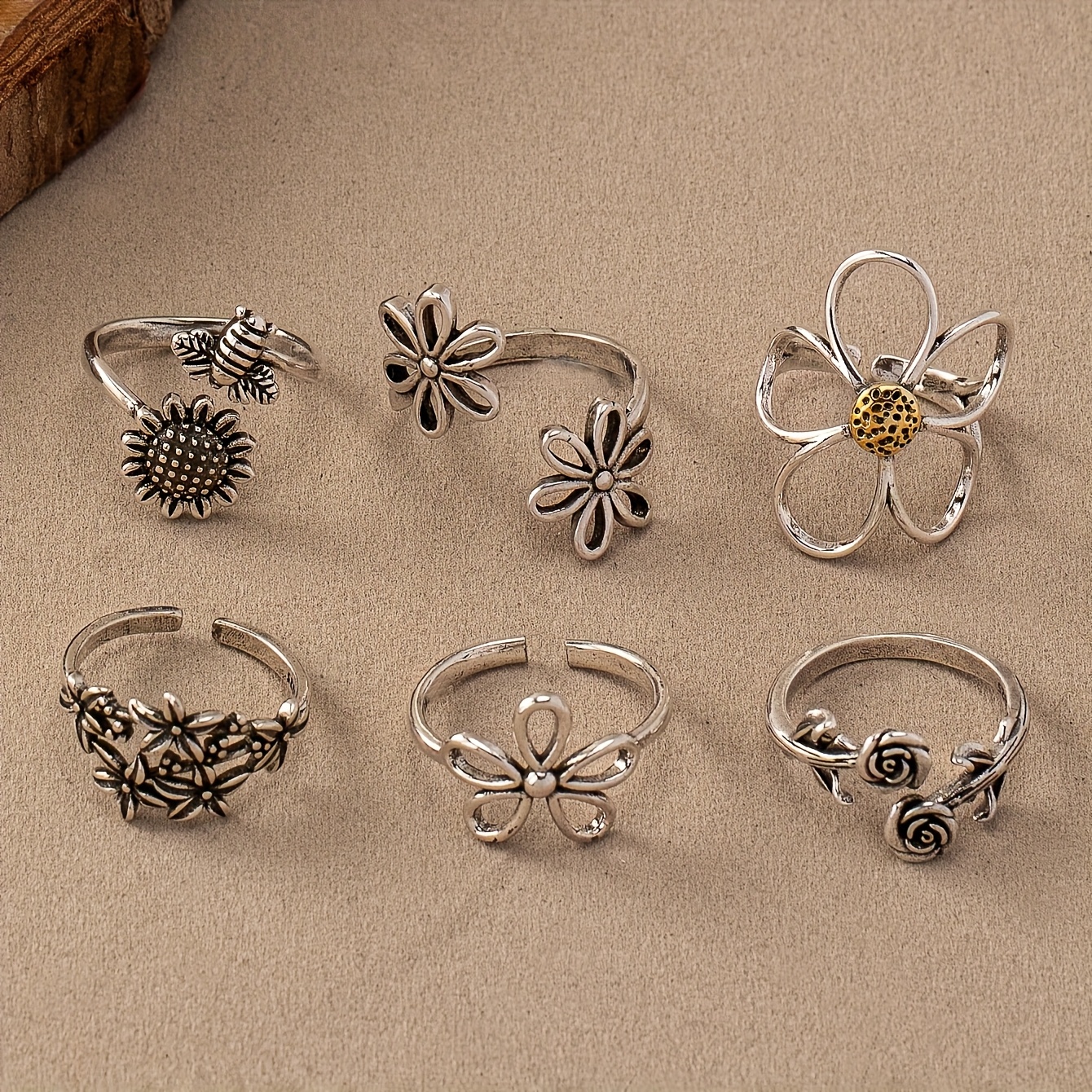 Image of 6pcs Bohemian Style Rose Hollow Flower Sunflower Set, Adjustable Size, Suitable For Daily Wear, Vacation, And Gift