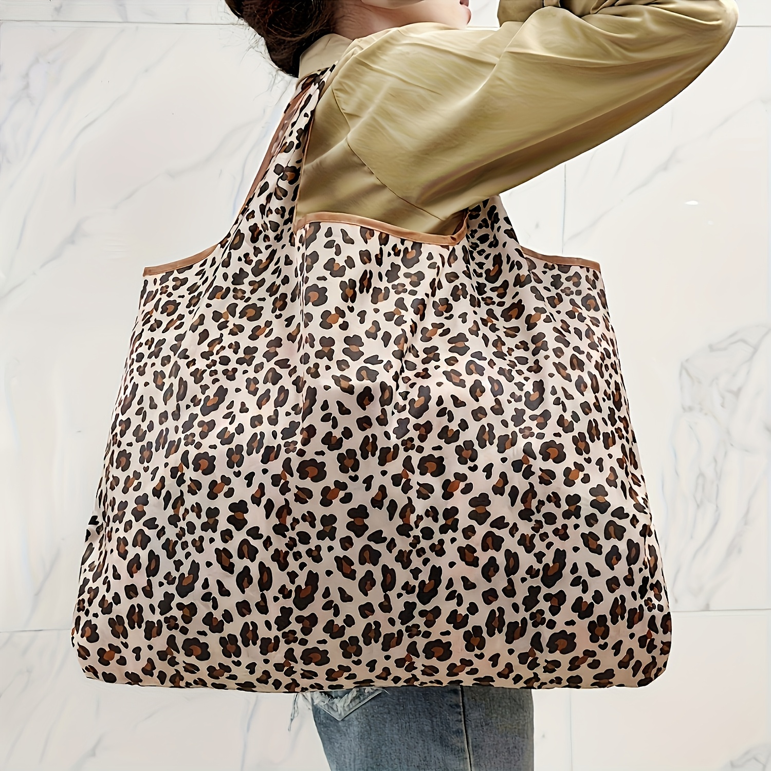 TEMU Large Capacity Leopard Print Shoulder Tote Bag, Foldable Nylon Handbag For Women, Fixed Straps, Machine Washable, Unlined, No-closure Design With Wristlet - Mixed Color
