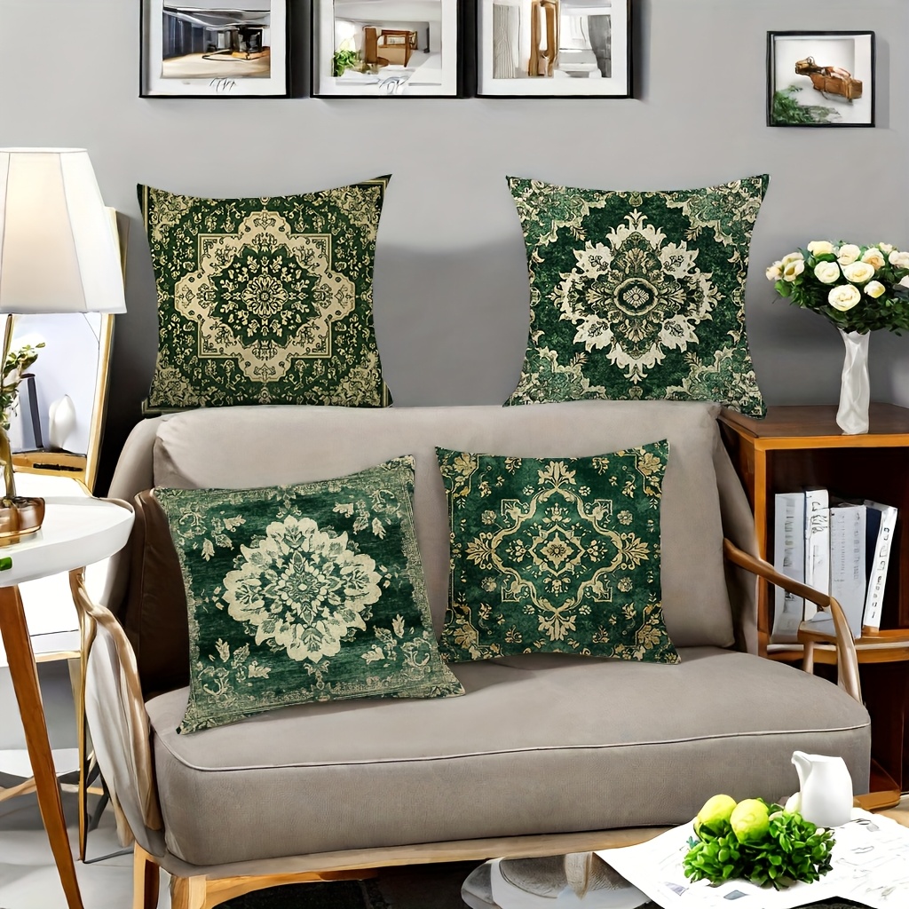 TEMU 4pcs, Pillows Feature Intricate Green And Golden Patterns With A Luxurious, . Bedroom Zipper Pillowcase, 45.01x45.01 Cm, Pillow Insert Not