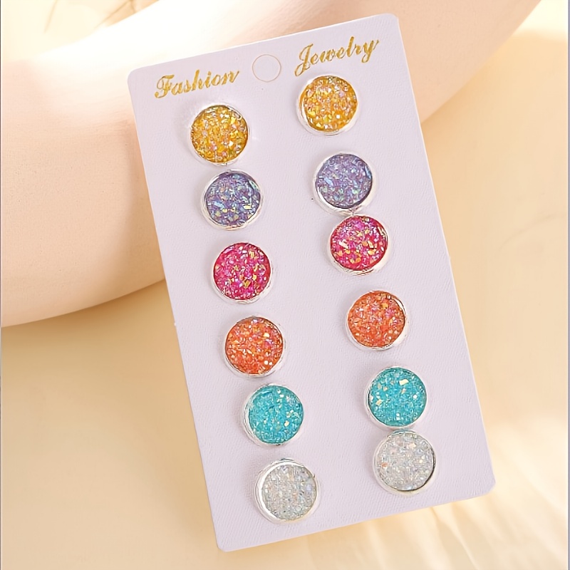 TEMU 6 Pairs Of Shiny Round Earring Sets, Simple And Luxurious Style, Suitable For Women' Wear