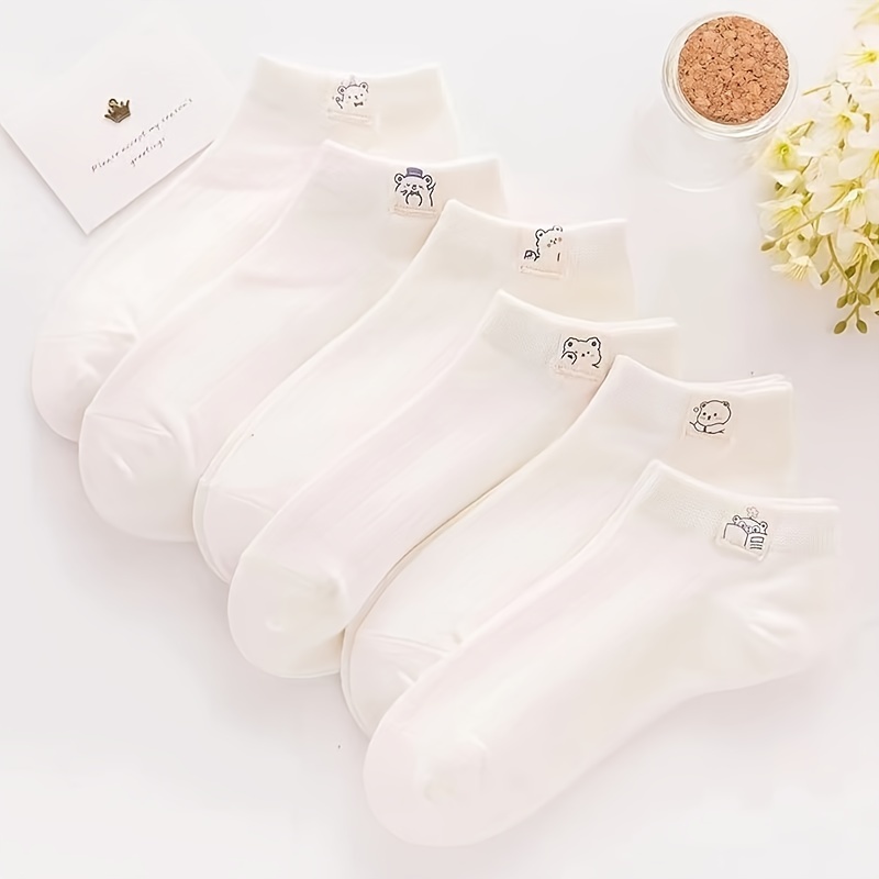 Image of 6 Pairs White Gauze Bear Socks Women's Short Socks Spring Summer Shallow Mouth Men And Women Cartoon Cute Boat Socks