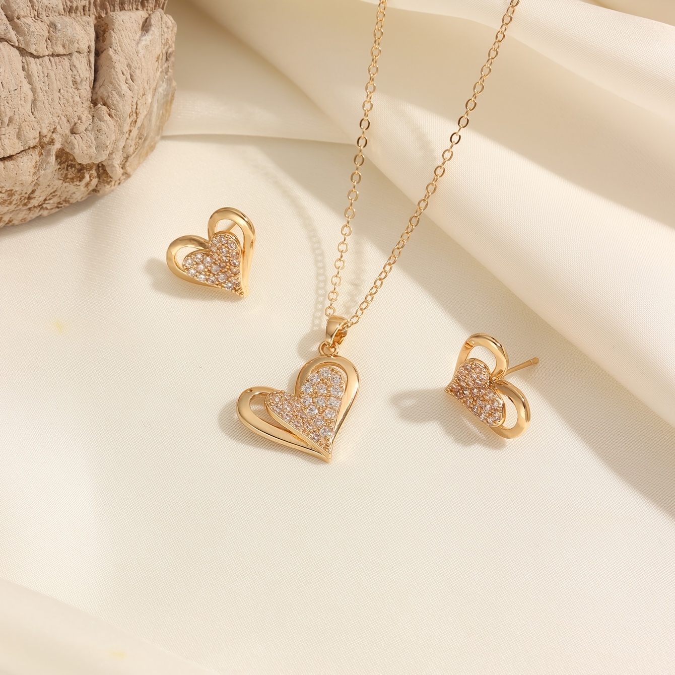 Copper Alloy Inlaid Zirconia Double-Layer Love Heart Jewellery Set