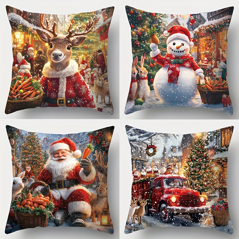 

Contemporary Throw Cushion Covers Set Of 4, Featuring Santa And Reindeer Designs, Christmas Sofa Decor With Zipper Closure, Woven Polyester, Handwash Only - 17.7"x17.7" - Ideal For Decor (no Insert)