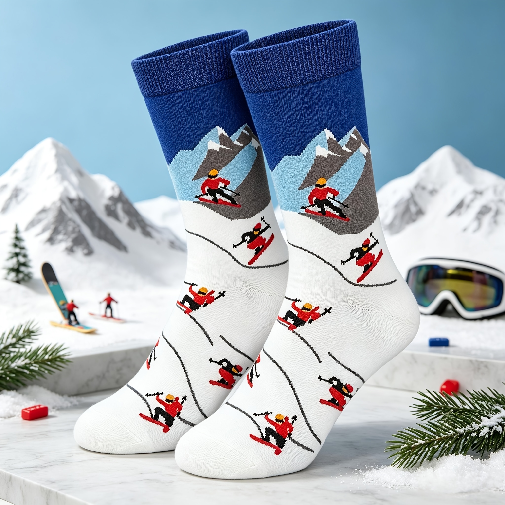 TEMU 1 Paire de Chaussettes Cadeau pour Homme et Unisexe sur le Thème de l'Hiver - Imprimés Intégraux de Skieurs de Dessin et de , Extensibles et