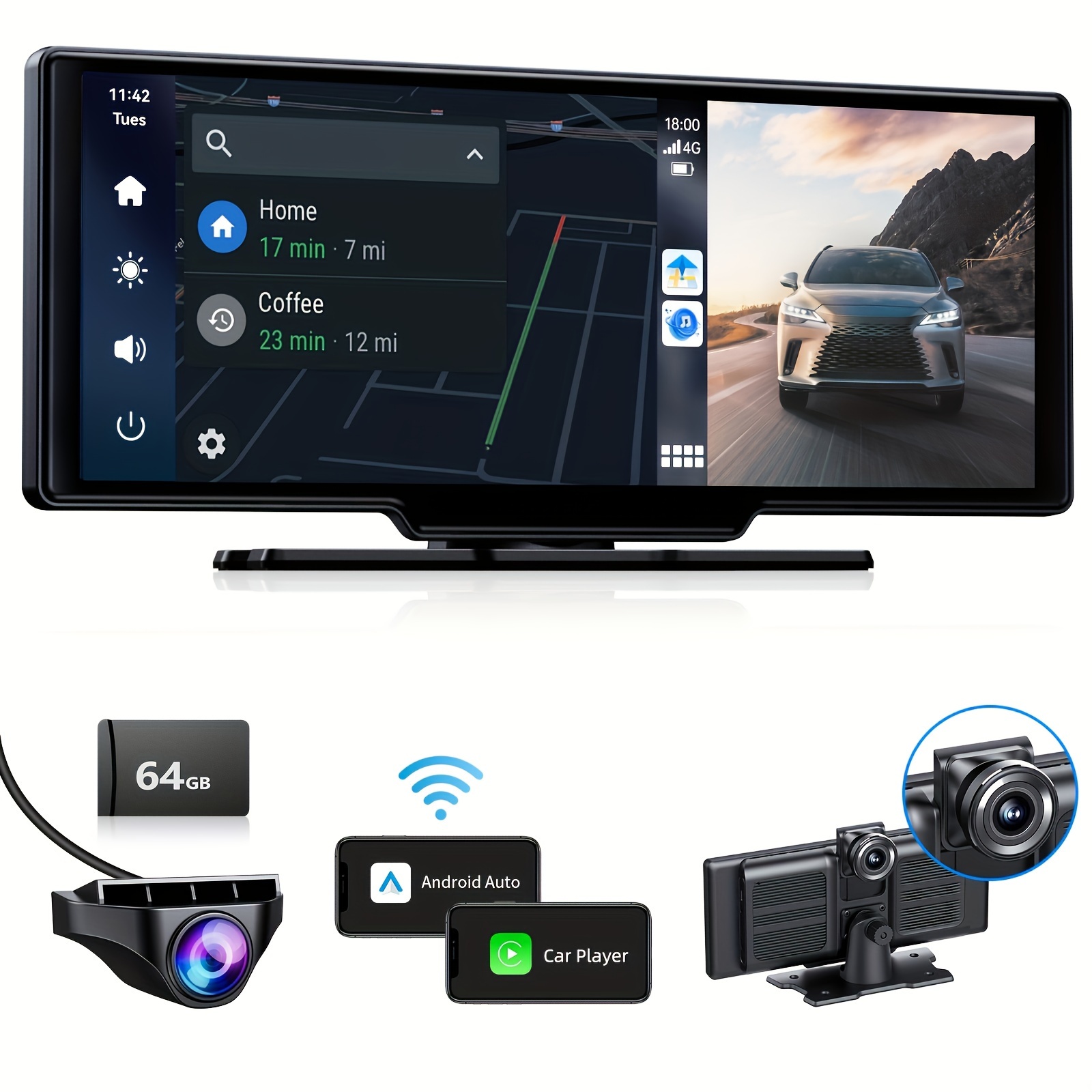 

Wireless Ios , Auto Uhd 4k & 1080p Cam, 10" Touch Car , Navigation, Free 64g