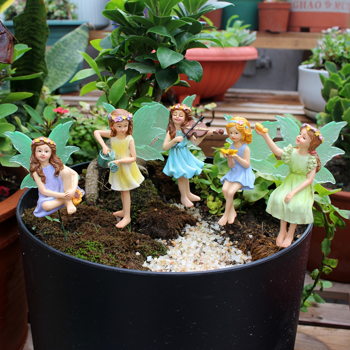 E-shop 5 Stück leuchtende Schmetterlings-Blumen-Feen-Einsätze, eine Miniatur-Feenstatue für die Frühlings-Gartendekoration im Freien, eine auf einem