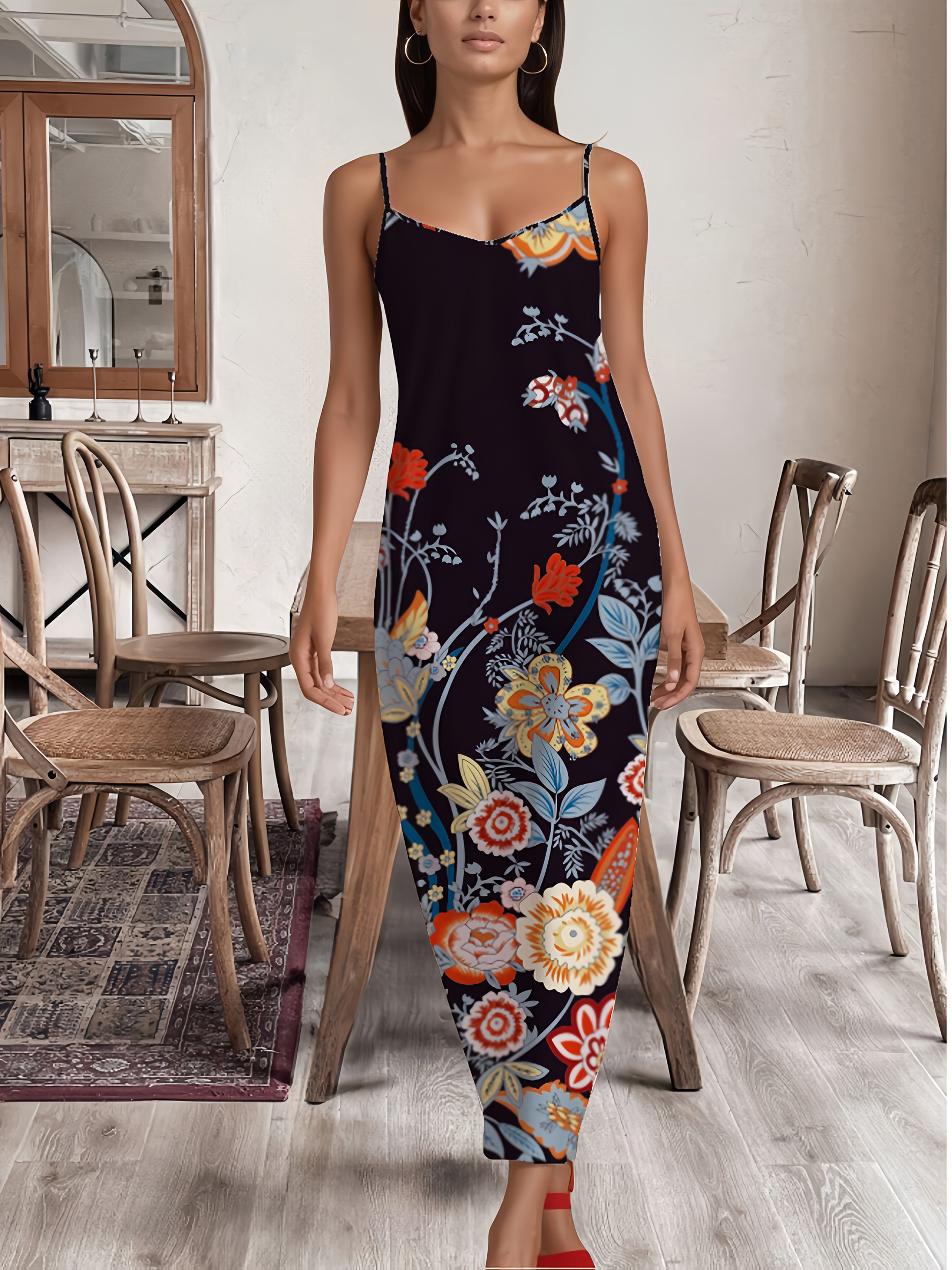 elegant v-neck cami maxi dress with ditsy floral print, polyester knit  fabric with elastane, casual sleeveless dress for women -  spring/summer/fall collection - women's clothing - Temu South Africa