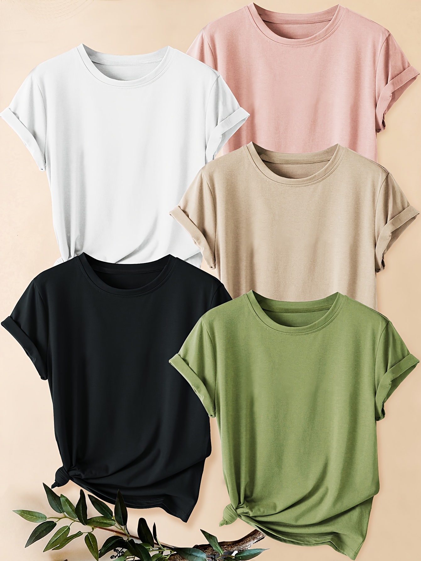 5pcs womens retro solid color casual t shirts round neck short sleeve   medium   washable opaque fabric for gym training casual wear spring summer fall 5 colors beige olive peach orange burgundy workout shirts seasonal fashion simple     gym clothing   durable construction versatile top women mixed color 0