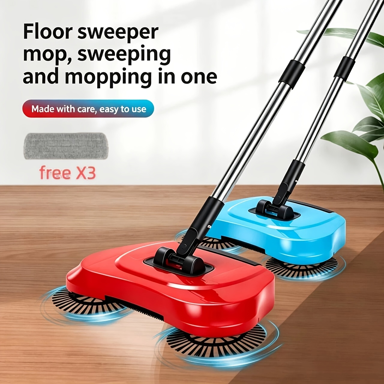 TEMU Recharge-free Household Wooden Floor Tile Sweeping Tool, Broom, Dustpan, And Mop Push Broom, Hand-push Broom, Free 3 Cleaning Cloths