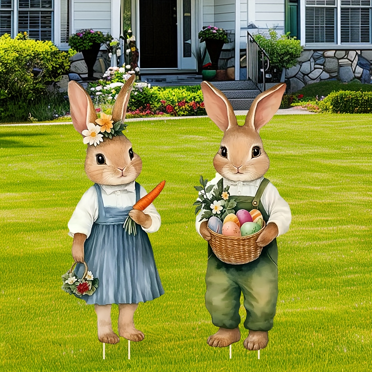 

2pcs Classic Easter Bunny & Egg Yard Decoration, Easter Yard Signs With Stakes, Large Cute Rabbits Plastic Outdoor Lawn Garden Decorations