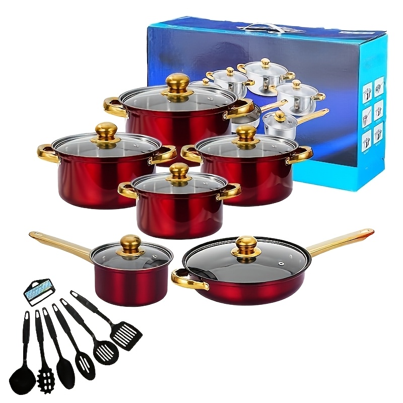TEMU Thicker Version Stainless Steel Cookware Set With Glass Lids - Induction Ready, Suitable For All Stoves, Dual-handled, & Golden Accents For