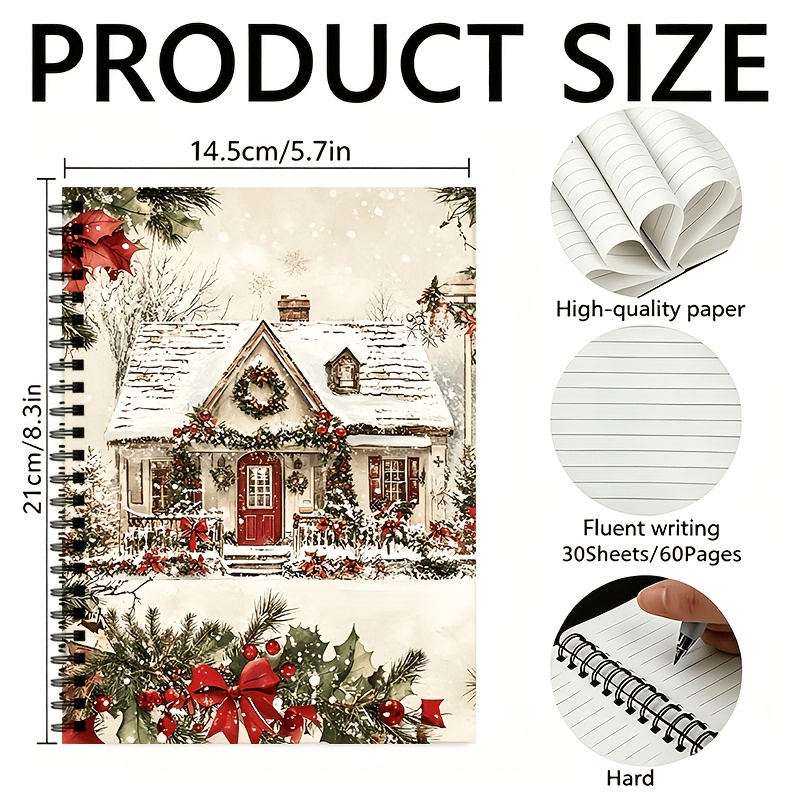 TEMU 1 Christmas Notebook Featuring A Winter Cottage, Red Door, And ; Spiral-bound With (60 Pages) Of Thick Paper; Journaling And Suitable For Home,
