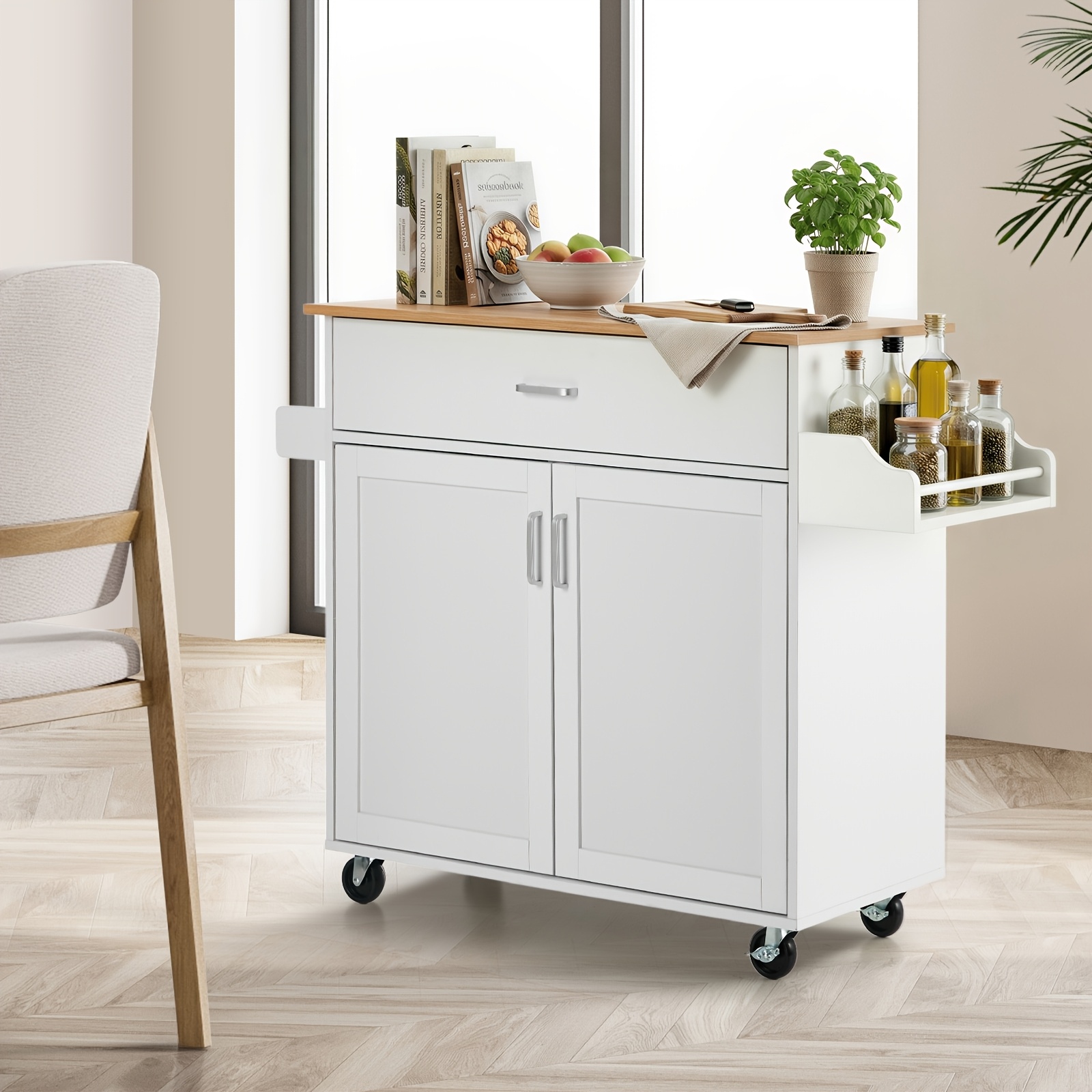 TEMU Wood Mobile Kitchen Island Cart With Lockable Storage Cart, Drawer & Towel Rack - Rolling Cabinet 4-wheel Mobile Base, Adjustable Shelves,