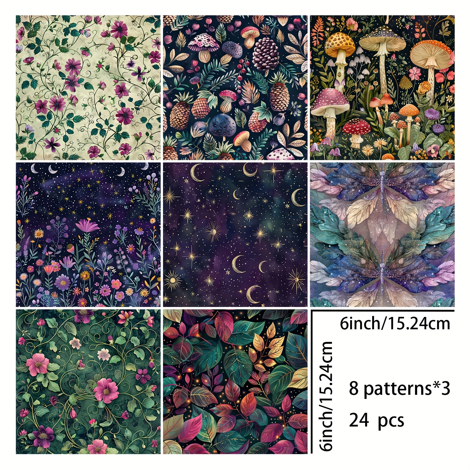 Image of Forest & Paper Pack, 24 Sheets, Diy Stationery Vintage Journal Planner Cardstock, Decorative Mushroom Floral Background Patterns For Crafting, 6x6 Inches