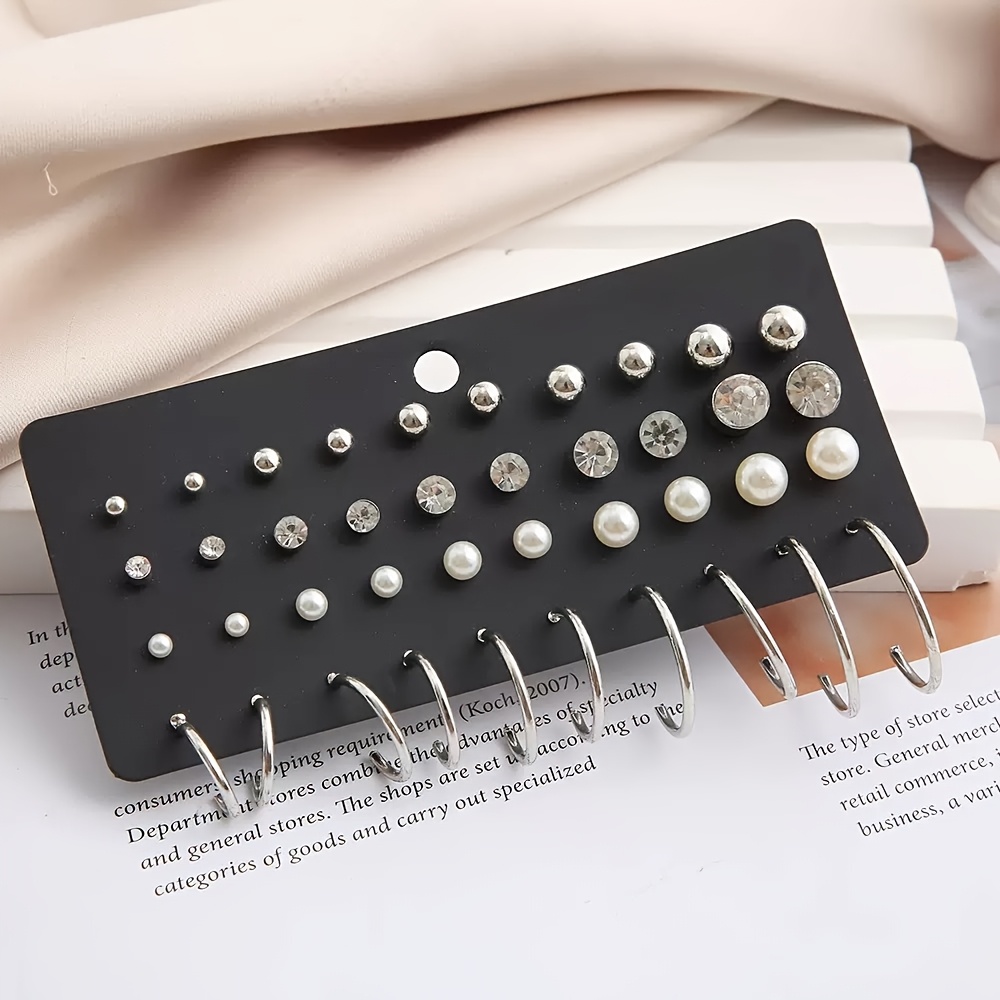 TEMU 20 Pairs Minimalist Mixed Small Earrings Set Pearl Zirconia Geometric Ear Stud Hoop Ring Suitable For Women Daily Wear Halloween Christmas,