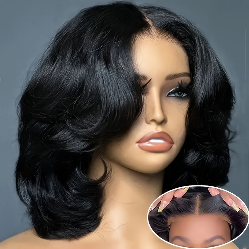 TEMU Bob Corporel Facile à et à Cheveux Humains Pré-pincés Précoupés 4X4 Bob Ondulation Perruques en Dentelle pour Femmes Cheveux Humains Colle 180%