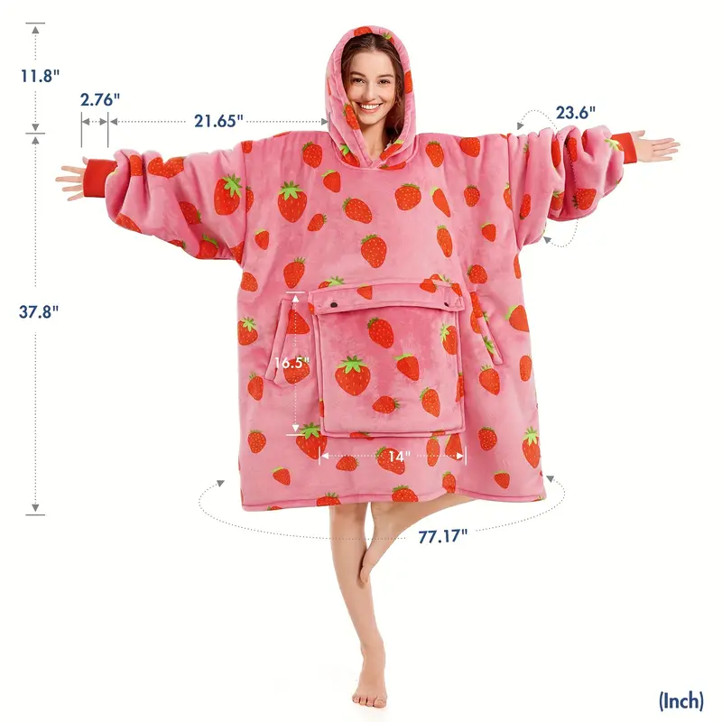 1pc Blanket Hoodie For Girls, Premium Oversized Hoodie Blanket For Girl Women, Cozy And Big Wearable Blanket Hoodie Sweatshirt, Strawberry Hoodie