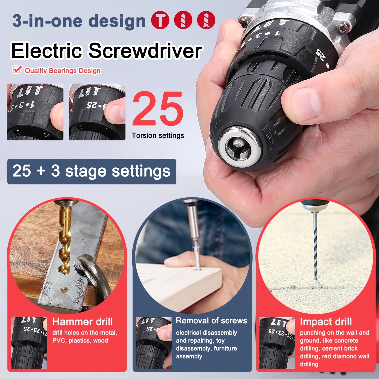 21V 3-in-1 Boor/Impact Driver/Schroevendraaier Set met 2 Accu's en Oplader,