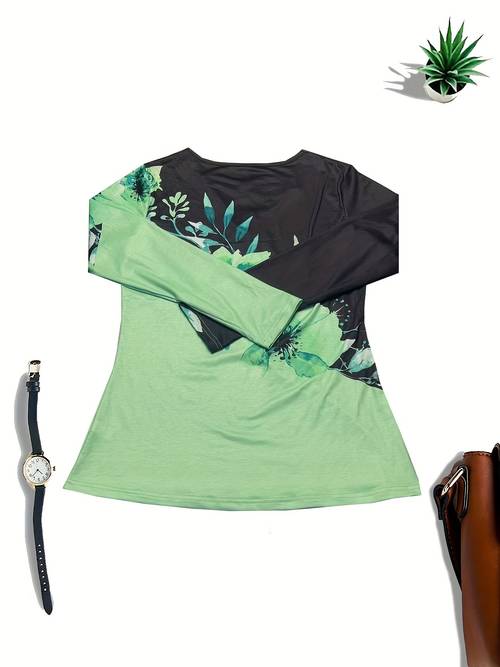 floral block t shirt casual v neck long sleeve t shirt for womens clothing