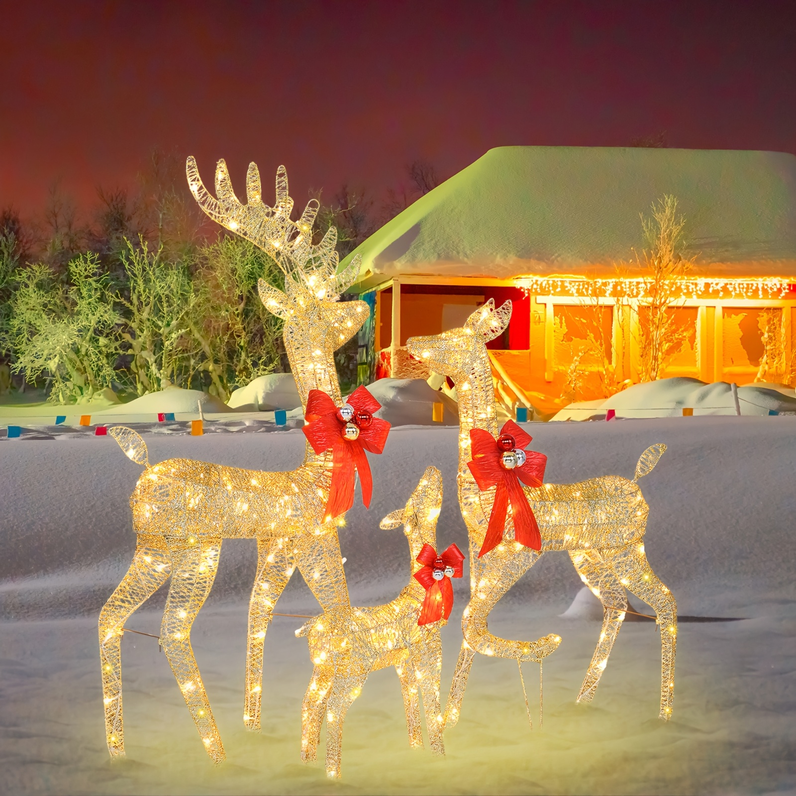 

3pcs Decoration Elk Lighted Christmas Reindeer Set Outdoor Yard Decoration Led Lights, Stakes - Golden