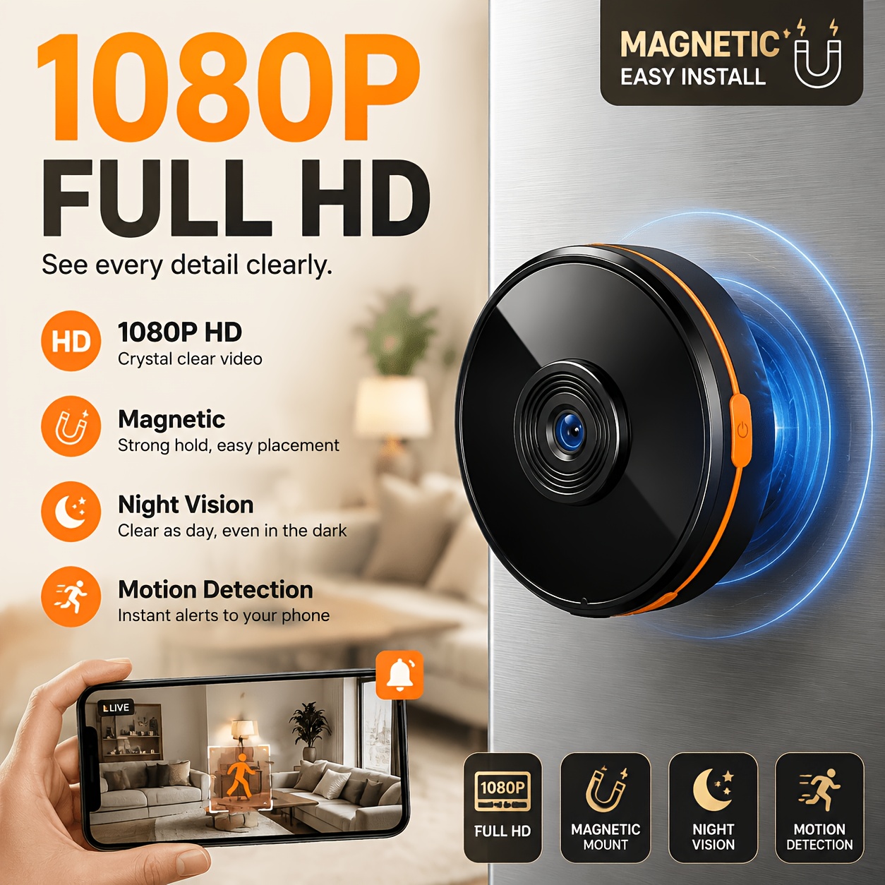 TEMU 1080p Mini Wifi Security Camera, Night Vision & Motion Detection, Magnetic Mount, Remote Phone View, Expandable Storage For Home, Office & Baby
