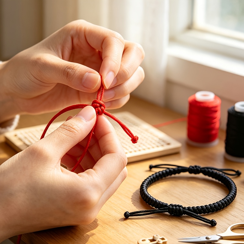 Bright Red and Solid Black Hand-Woven Lucky String Bracelets