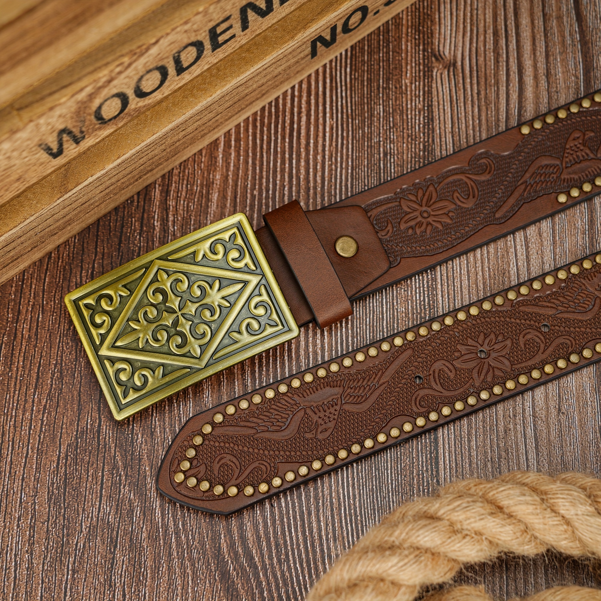 Men's Belt with Unique Square Cross & Eagle Feather Buckle