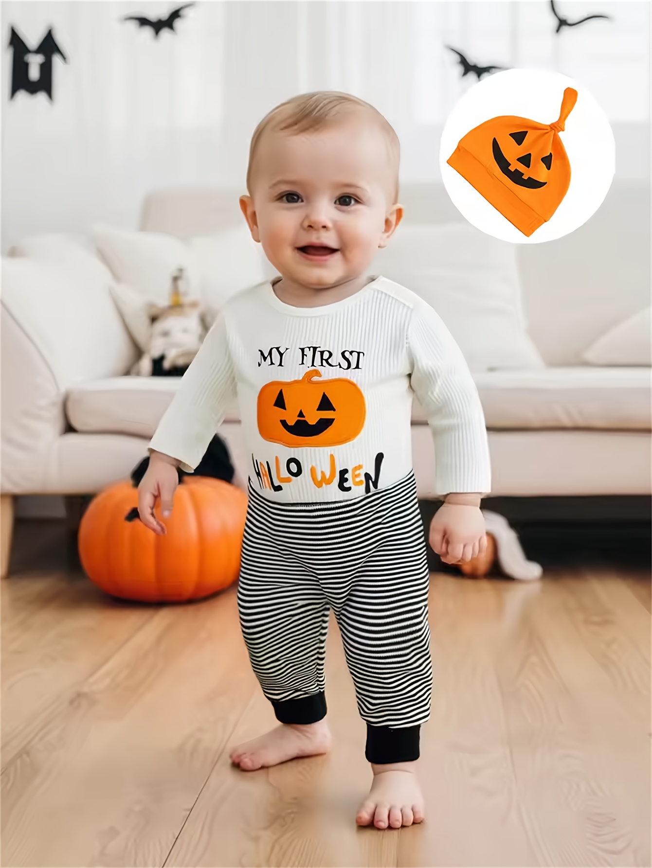 Ynibbim Toddler Girl Halloween Outfit - Pumpkin Ghost Print Romper With Flared Pants Set