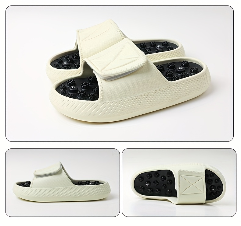 mens   slides non slip thick   beach sandals casual eva upper pvc insole beige white with black accents   indoor outdoor relaxation everyday slippers textured strap design eva construction summer sandals Product details 7