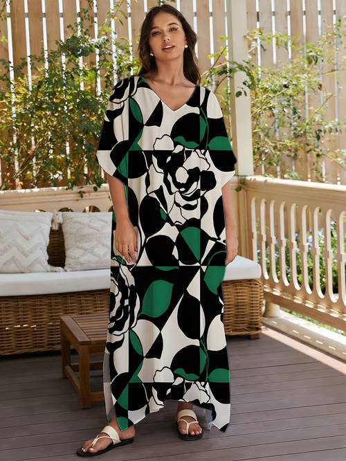 v neck beach side slit plus size robe style dress christmas black white green geometric floral pattern style loose size colorful pattern casual wear essential long beach dress for seaside vacations