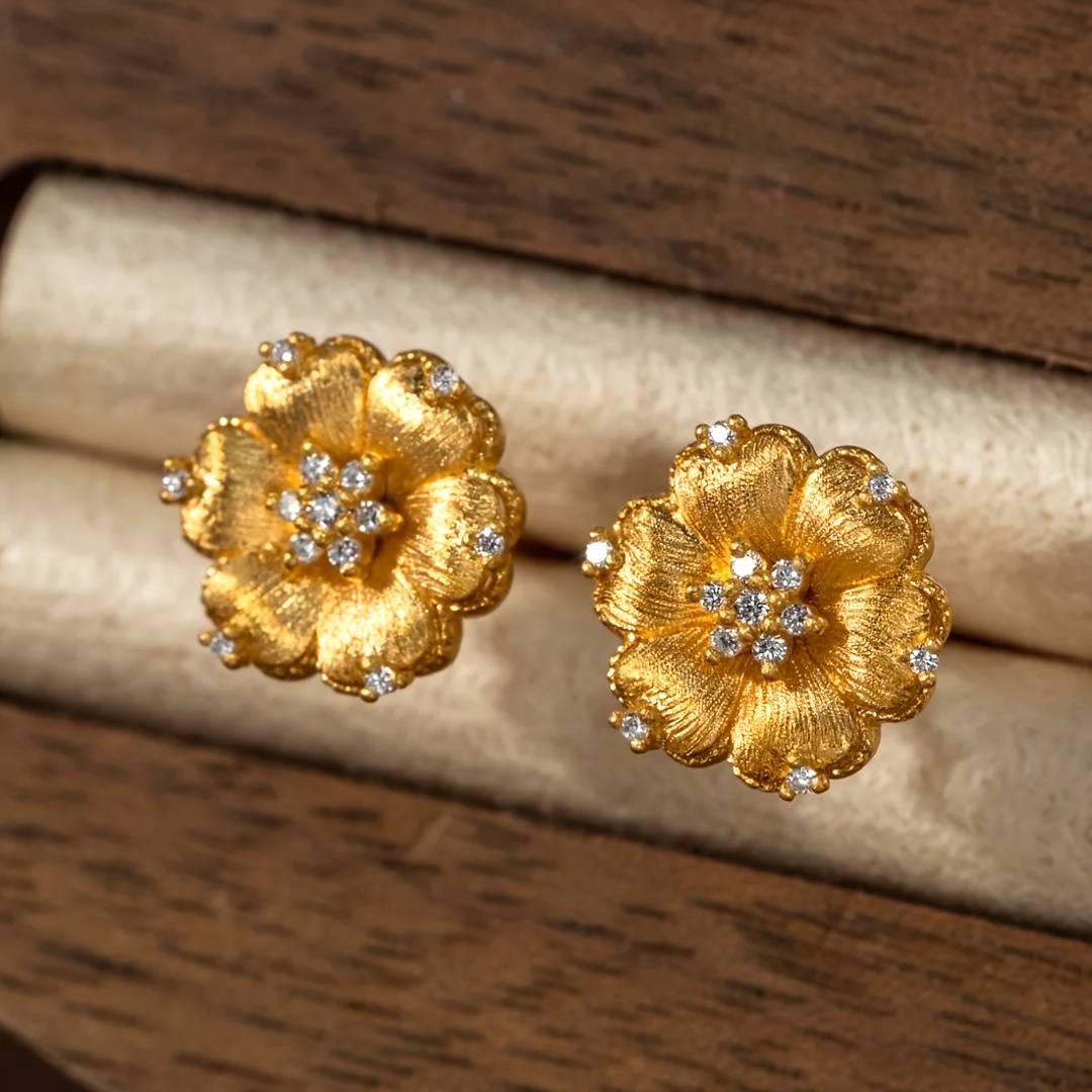 TEMU Women' Romantic 18k Golden Plated Satin-finished Synthetic Zirconia Flower Stud Earrings