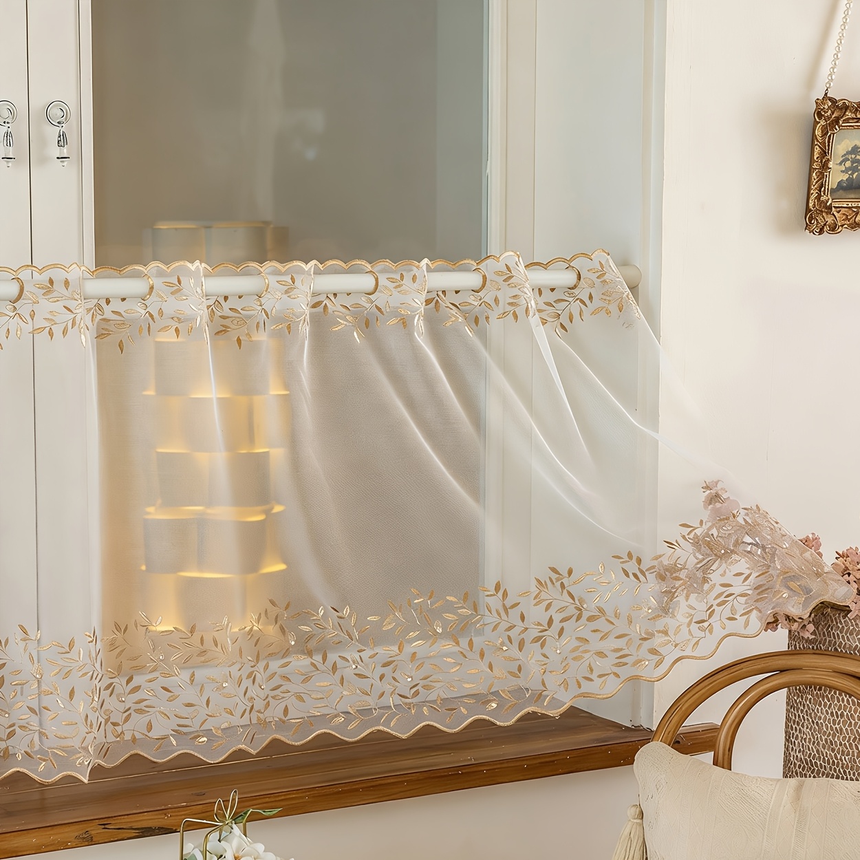 E-shop 1 Stück Landhaus Bauernhof Exquisite Gestickte Blatt Klarsicht Vorhang | Stangentasche zum Aufhängen, Polyester, Geeignet für Wohnzimmer,