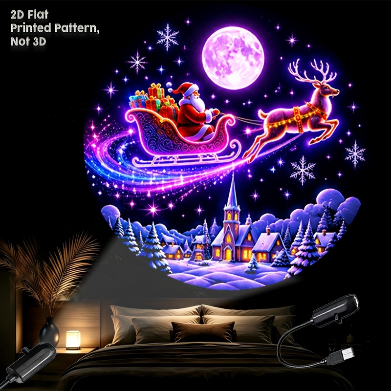 TEMU 2d Flat - 1pc Led Portable Usb Interface Projection Lamp Night Light, Christmas Theme With Santa Claus, Sleigh, And Snowflake Patterns, For