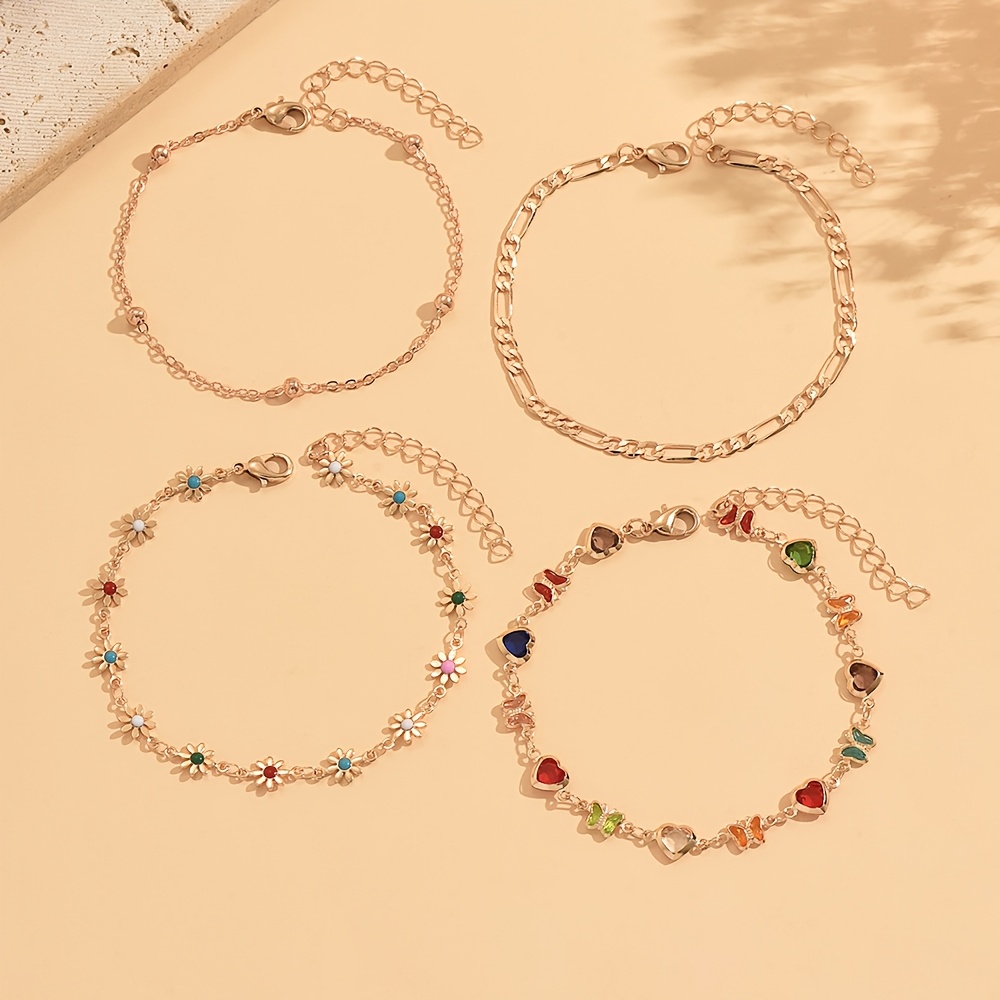 4pc Colorful Enamel Flower & Heart Charms Anklet Set for Women